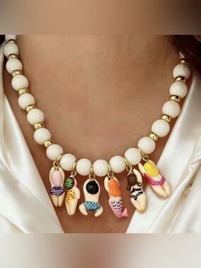 Beach Charm White Beaded Necklace with Colorful Swimsuit Charms